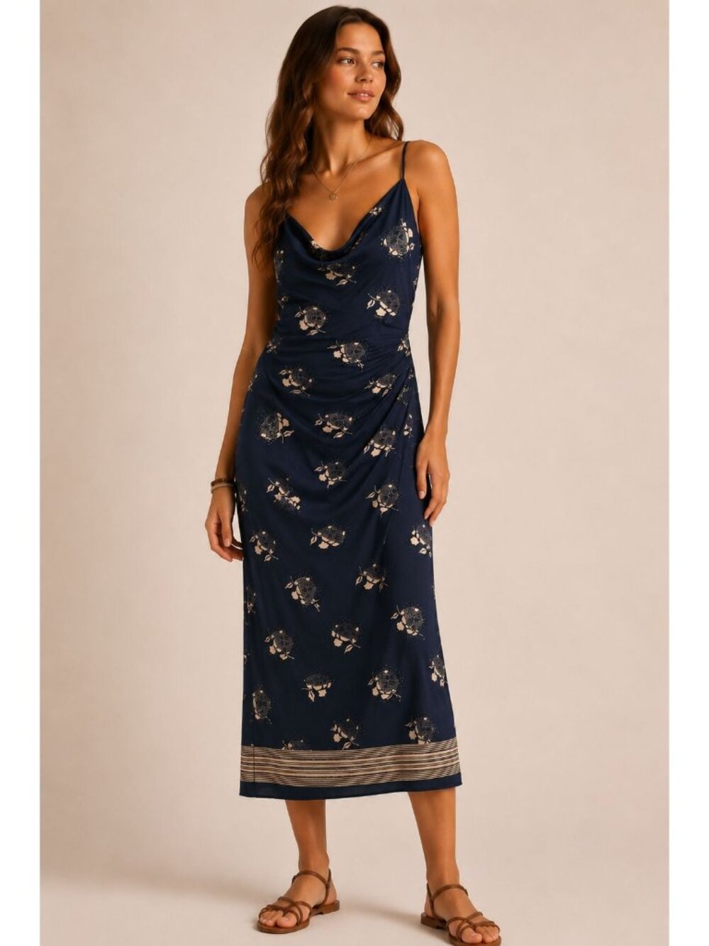 Free People Navy Slip Midi Dress Cowl neck size Medium Y2k floral print feminine